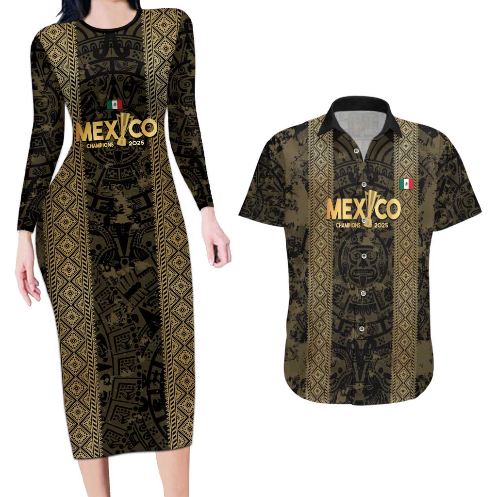 Custom Mexico Football Couples Matching Long Sleeve Bodycon Dress and Hawaiian Shirt 2025 El Tri Champions Gold Color - Wonder Print Shop