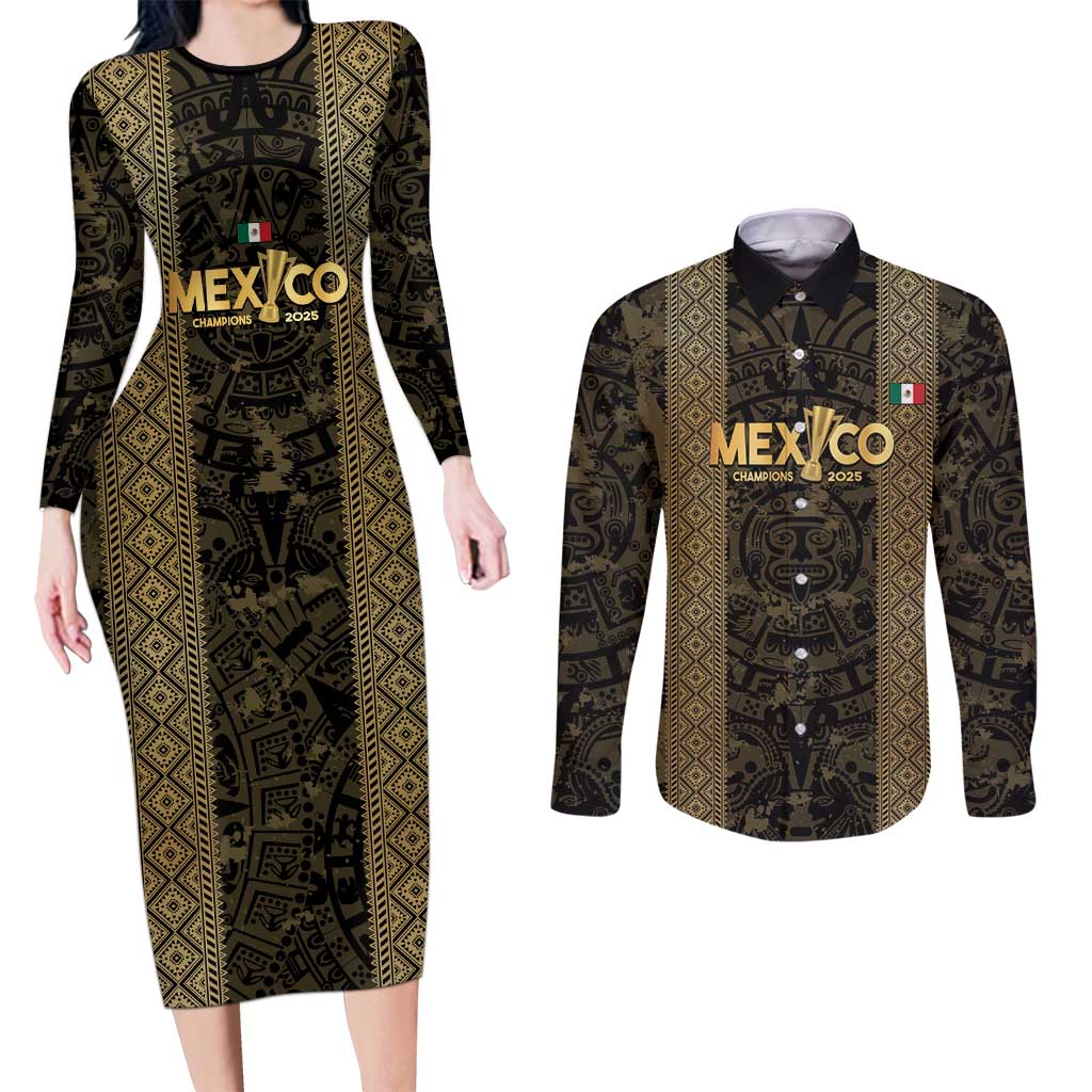 Custom Mexico Football Couples Matching Long Sleeve Bodycon Dress and Long Sleeve Button Shirt 2025 El Tri Champions Gold Color - Wonder Print Shop