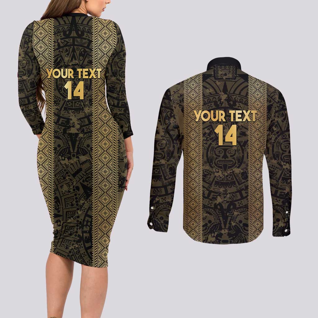 Custom Mexico Football Couples Matching Long Sleeve Bodycon Dress and Long Sleeve Button Shirt 2025 El Tri Champions Gold Color - Wonder Print Shop