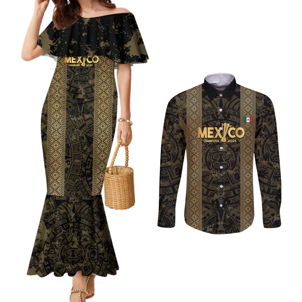 Custom Mexico Football Couples Matching Mermaid Dress and Long Sleeve Button Shirt 2025 El Tri Champions Gold Color - Wonder Print Shop