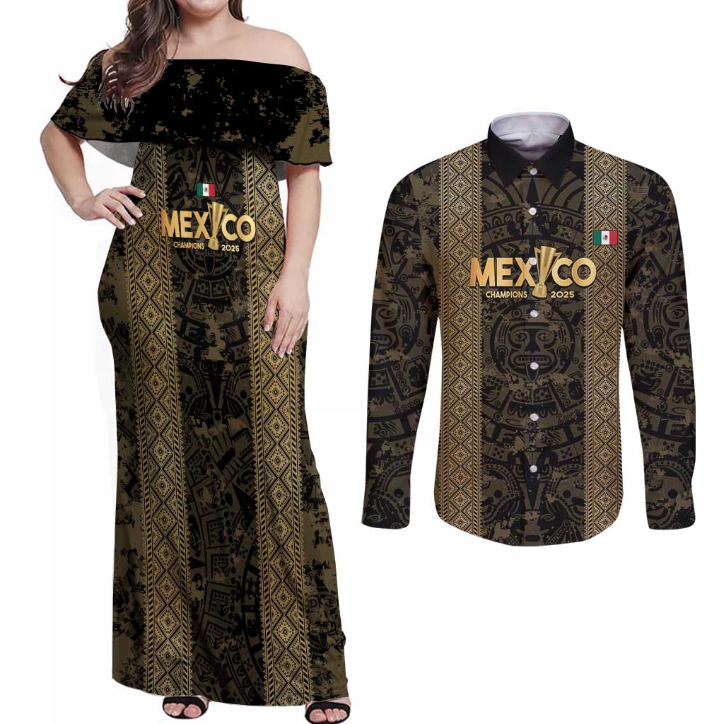 Custom Mexico Football Couples Matching Off Shoulder Maxi Dress and Long Sleeve Button Shirt 2025 El Tri Champions Gold Color - Wonder Print Shop