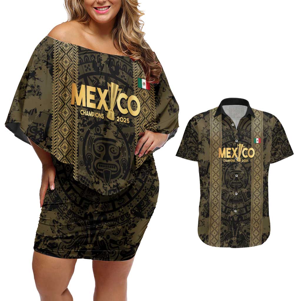 Custom Mexico Football Couples Matching Off Shoulder Short Dress and Hawaiian Shirt 2025 El Tri Champions Gold Color - Wonder Print Shop