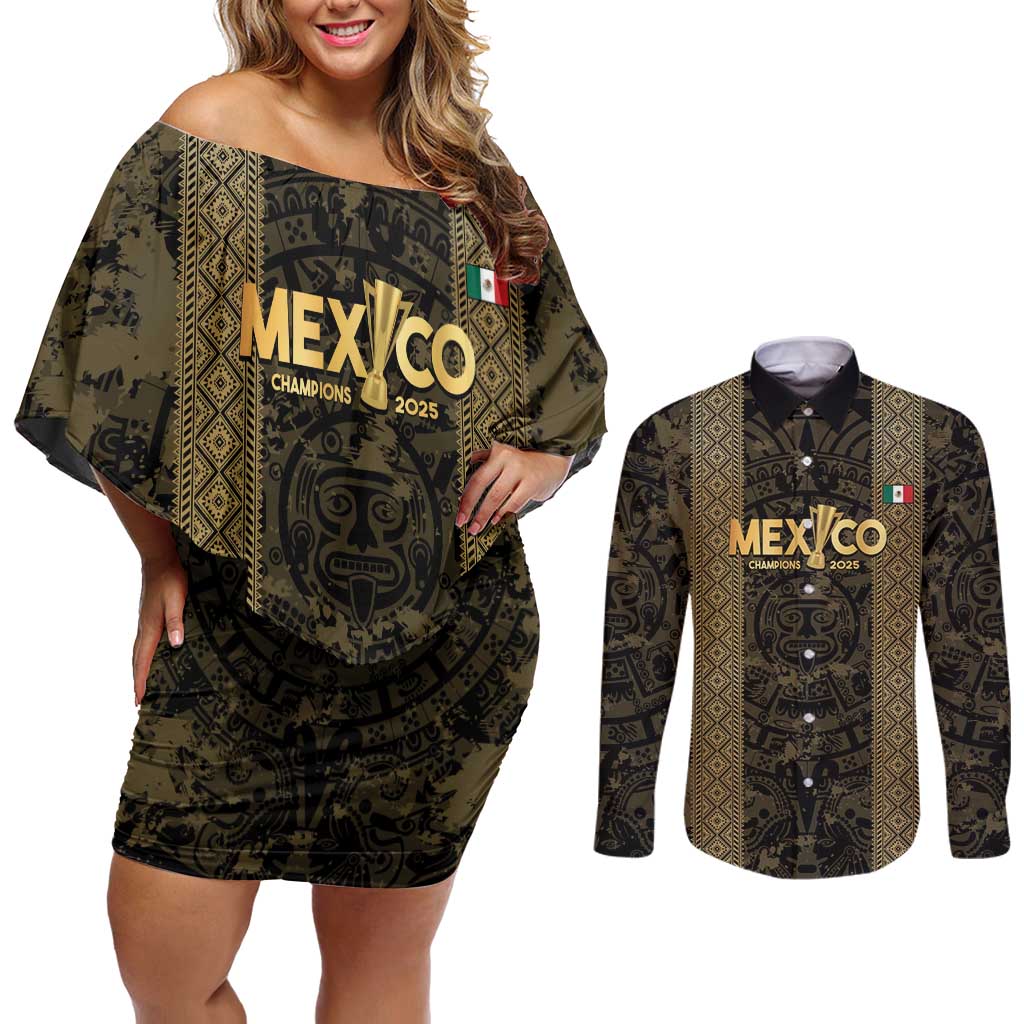 Custom Mexico Football Couples Matching Off Shoulder Short Dress and Long Sleeve Button Shirt 2025 El Tri Champions Gold Color - Wonder Print Shop