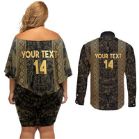 Custom Mexico Football Couples Matching Off Shoulder Short Dress and Long Sleeve Button Shirt 2025 El Tri Champions Gold Color - Wonder Print Shop