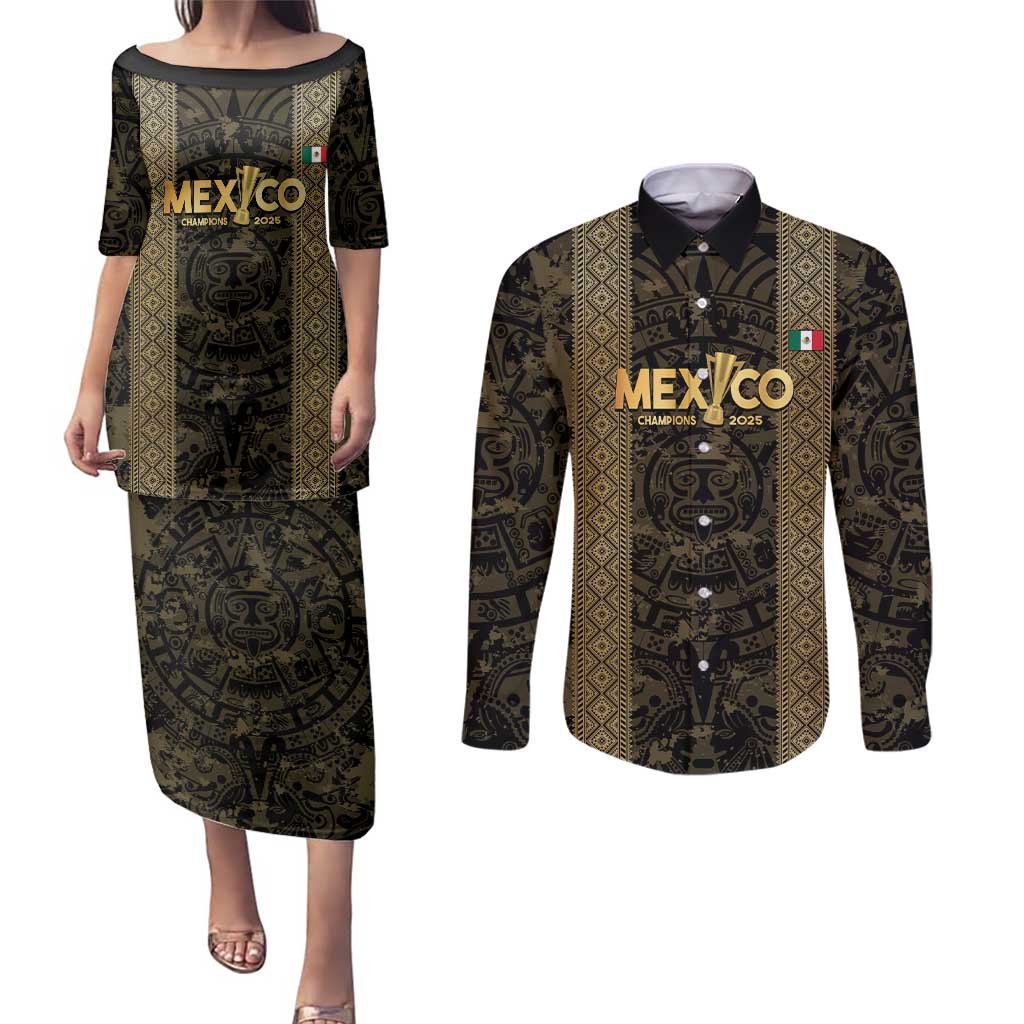 Custom Mexico Football Couples Matching Puletasi and Long Sleeve Button Shirt 2025 El Tri Champions Gold Color - Wonder Print Shop