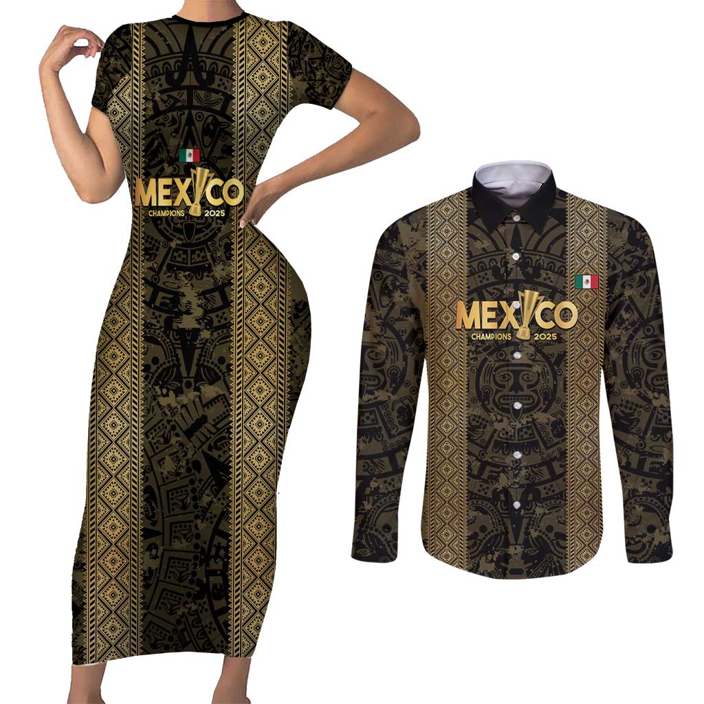 Custom Mexico Football Couples Matching Short Sleeve Bodycon Dress and Long Sleeve Button Shirt 2025 El Tri Champions Gold Color - Wonder Print Shop