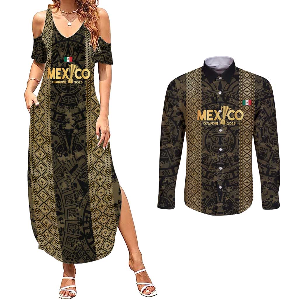 Custom Mexico Football Couples Matching Summer Maxi Dress and Long Sleeve Button Shirt 2025 El Tri Champions Gold Color - Wonder Print Shop
