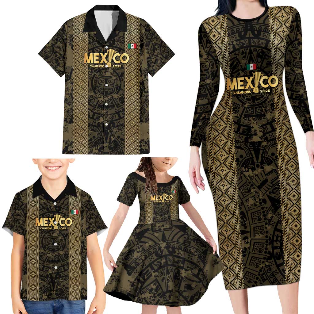 Custom Mexico Football Family Matching Long Sleeve Bodycon Dress and Hawaiian Shirt 2025 El Tri Champions Gold Color - Wonder Print Shop