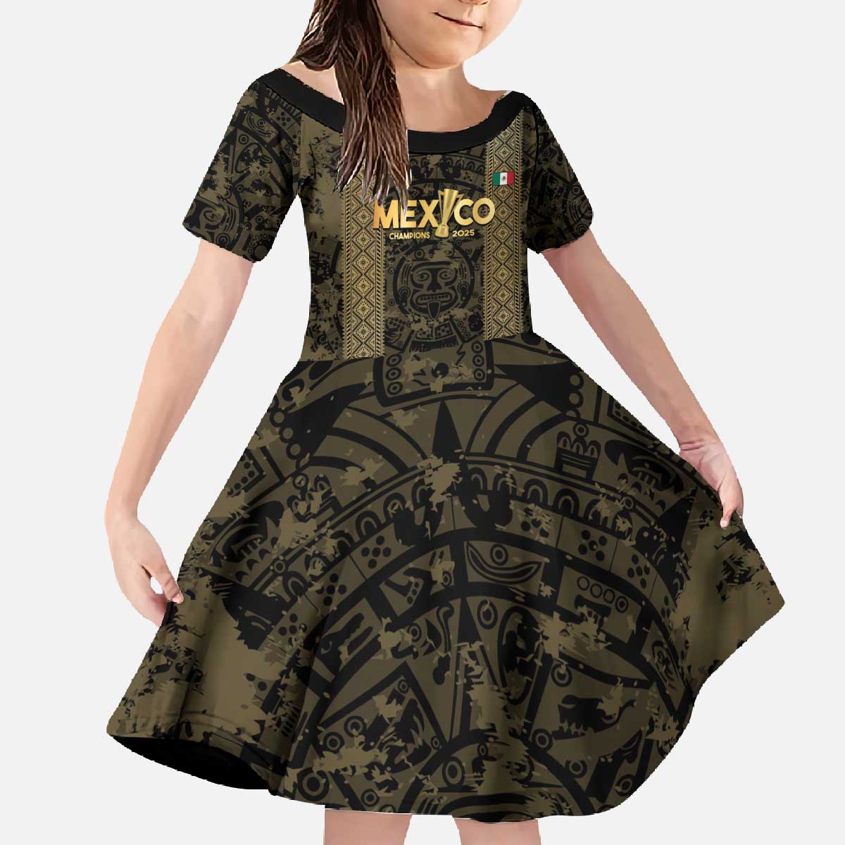 Custom Mexico Football Family Matching Off The Shoulder Long Sleeve Dress and Hawaiian Shirt 2025 El Tri Champions Gold Color - Wonder Print Shop