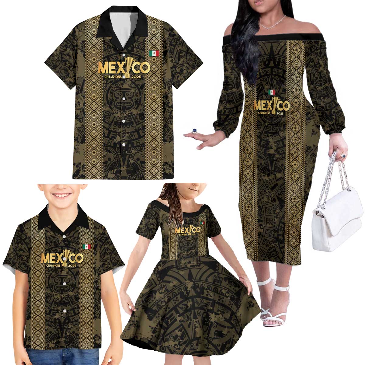 Custom Mexico Football Family Matching Off The Shoulder Long Sleeve Dress and Hawaiian Shirt 2025 El Tri Champions Gold Color - Wonder Print Shop