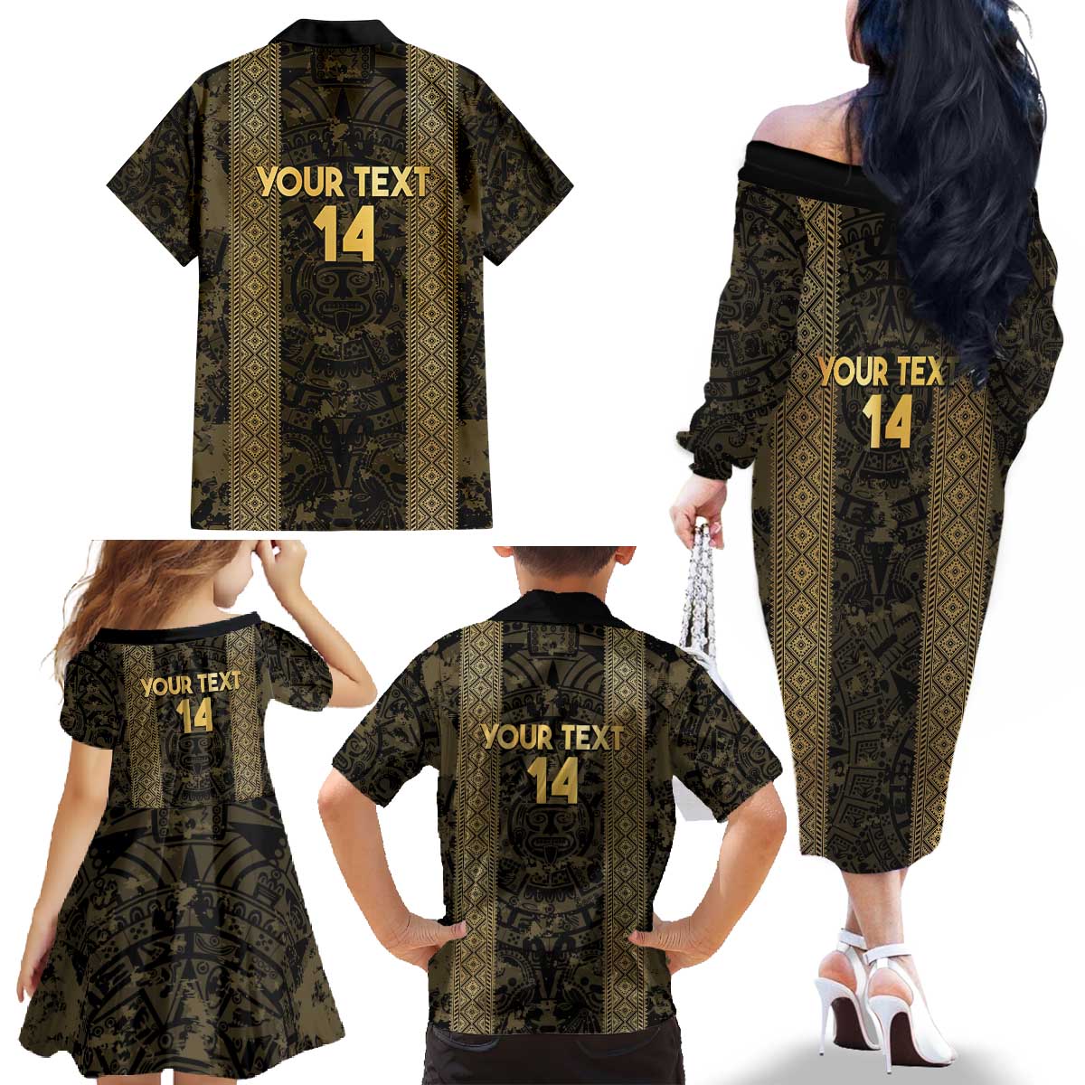 Custom Mexico Football Family Matching Off The Shoulder Long Sleeve Dress and Hawaiian Shirt 2025 El Tri Champions Gold Color - Wonder Print Shop