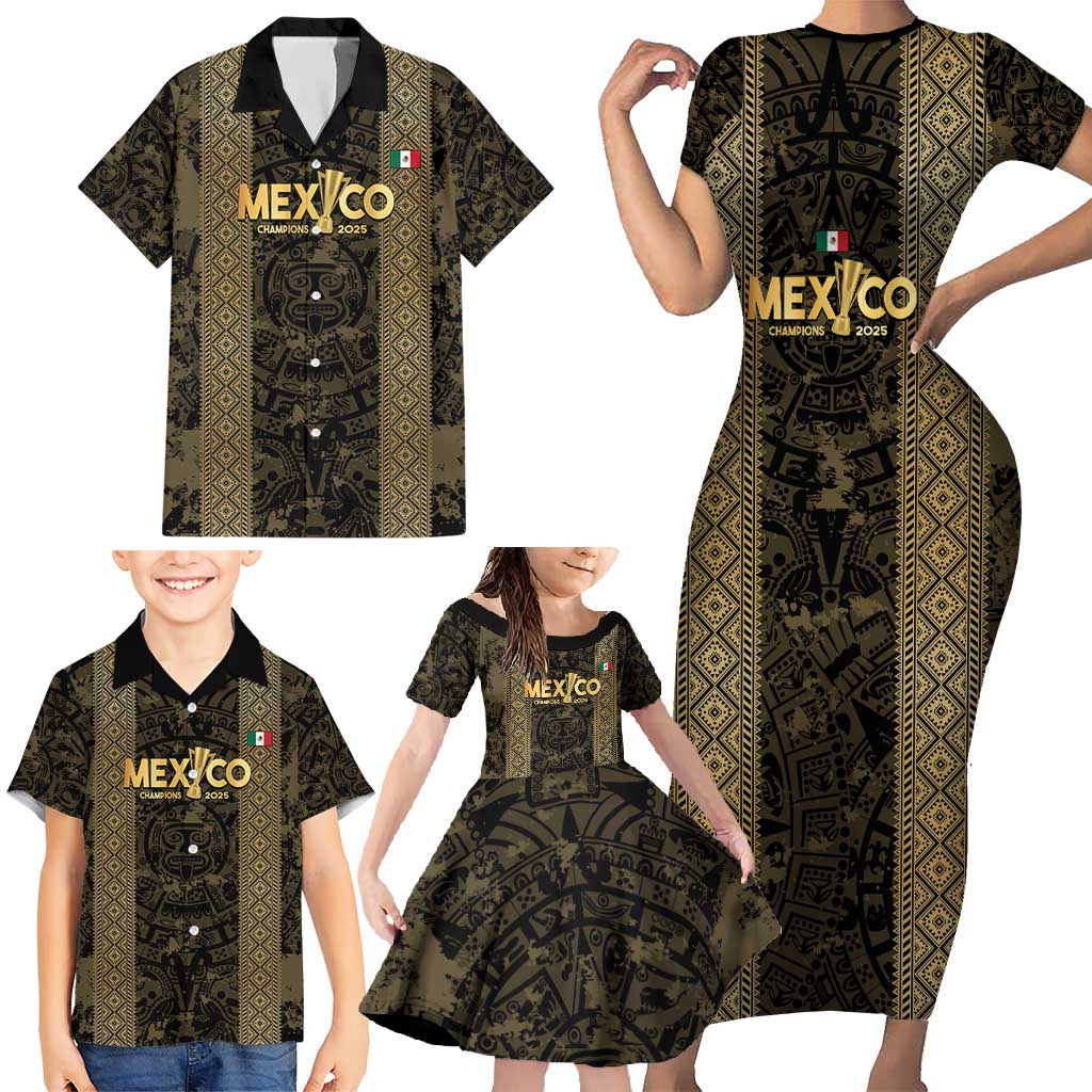 Custom Mexico Football Family Matching Short Sleeve Bodycon Dress and Hawaiian Shirt 2025 El Tri Champions Gold Color - Wonder Print Shop