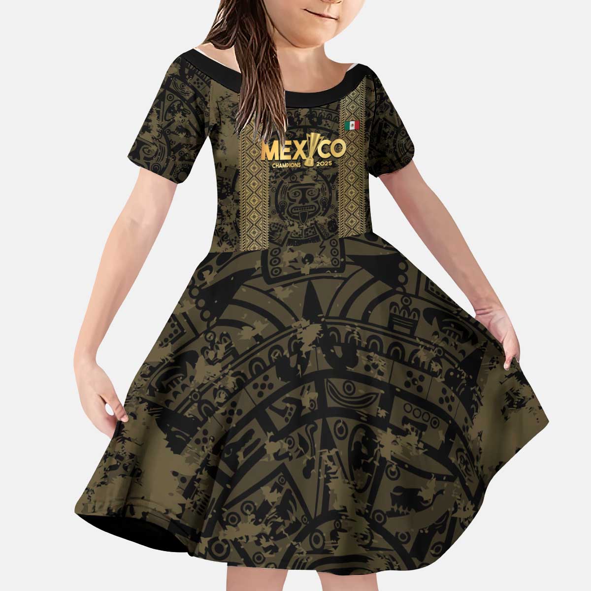 Custom Mexico Football Kid Short Sleeve Dress 2025 El Tri Champions Gold Color - Wonder Print Shop