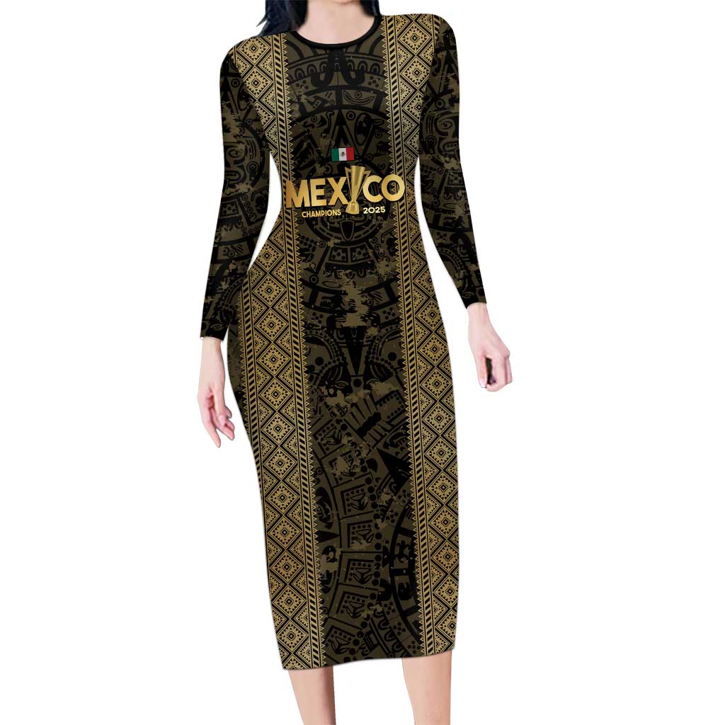 Custom Mexico Football Long Sleeve Bodycon Dress 2025 El Tri Champions Gold Color - Wonder Print Shop