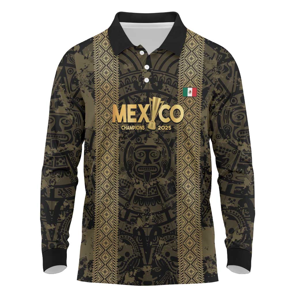 Custom Mexico Football Long Sleeve Polo Shirt 2025 El Tri Champions Gold Color - Wonder Print Shop
