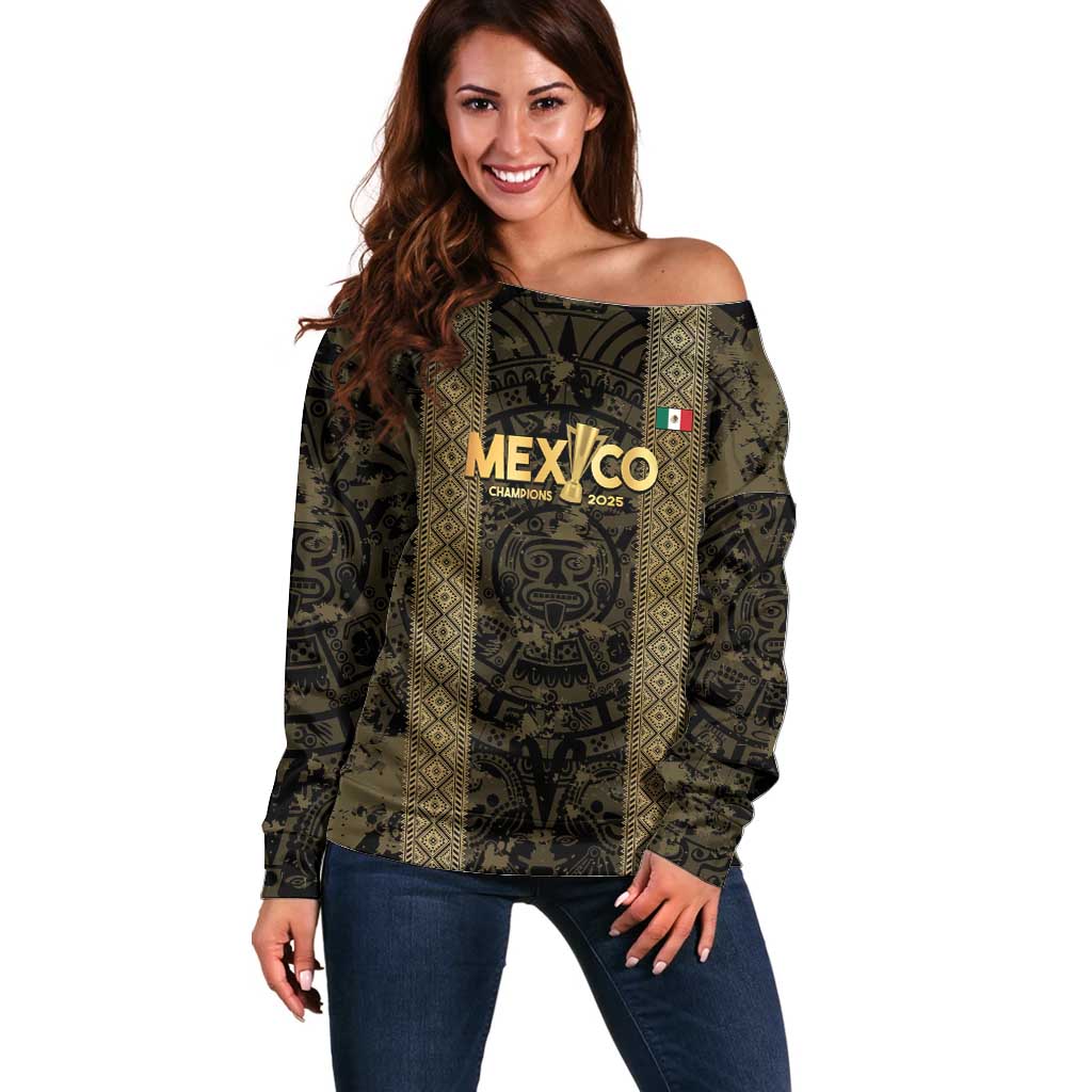 Custom Mexico Football Off Shoulder Sweater 2025 El Tri Champions Gold Color - Wonder Print Shop