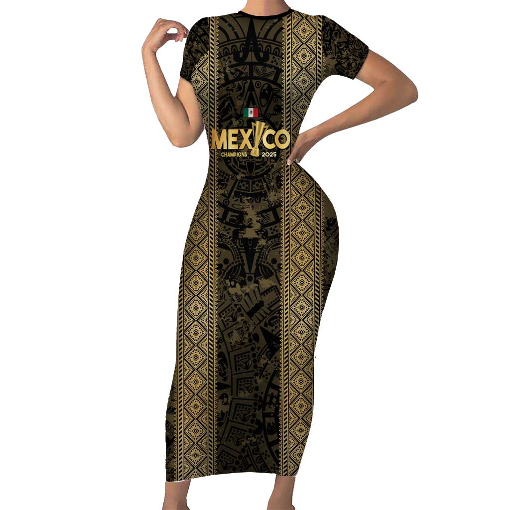 Custom Mexico Football Short Sleeve Bodycon Dress 2025 El Tri Champions Gold Color - Wonder Print Shop