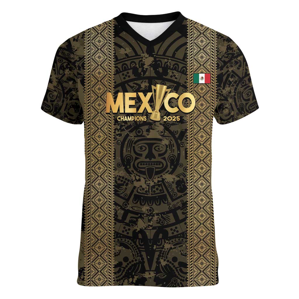 Custom Mexico Football Women V-Neck T-Shirt 2025 El Tri Champions Gold Color - Wonder Print Shop