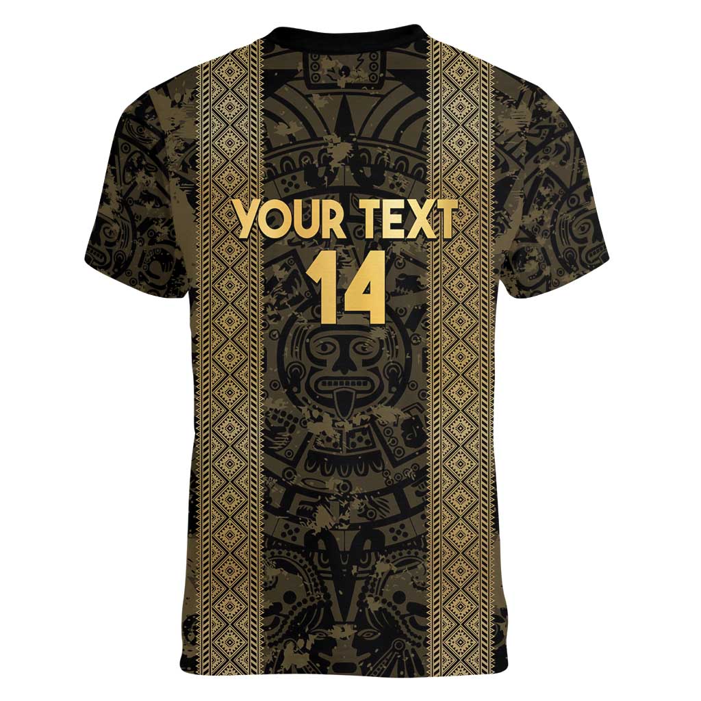 Custom Mexico Football Women V-Neck T-Shirt 2025 El Tri Champions Gold Color - Wonder Print Shop