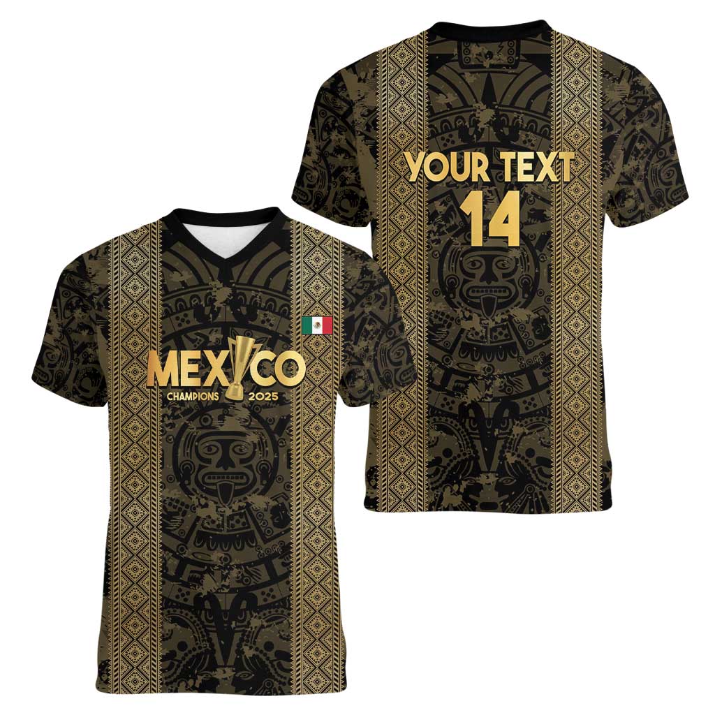 Custom Mexico Football Women V-Neck T-Shirt 2025 El Tri Champions Gold Color - Wonder Print Shop