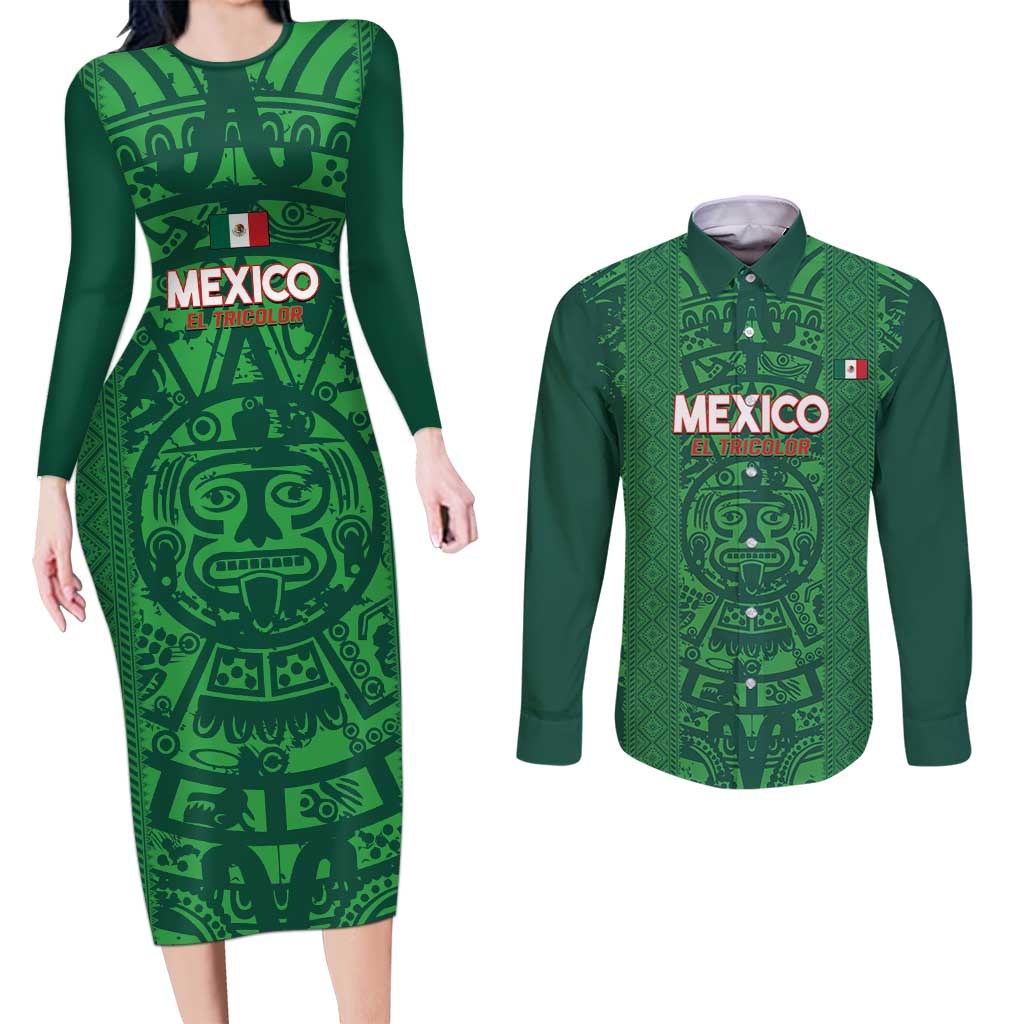 Custom Mexico Football Couples Matching Long Sleeve Bodycon Dress and Long Sleeve Button Shirt 2025 El Tri Champions Green Color - Wonder Print Shop