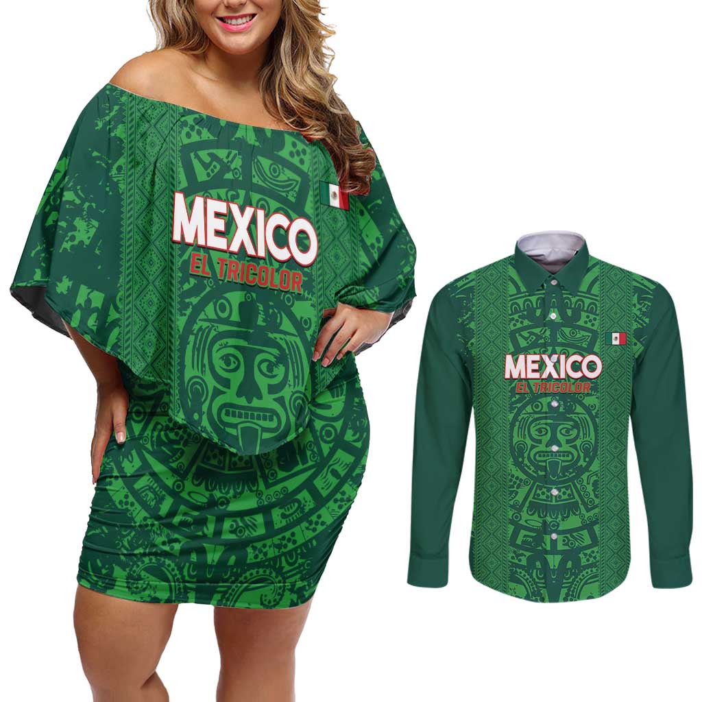 Custom Mexico Football Couples Matching Off Shoulder Short Dress and Long Sleeve Button Shirt 2025 El Tri Champions Green Color - Wonder Print Shop