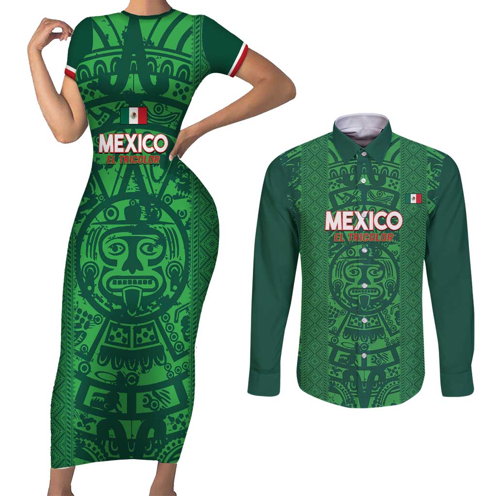 Custom Mexico Football Couples Matching Short Sleeve Bodycon Dress and Long Sleeve Button Shirt 2025 El Tri Champions Green Color - Wonder Print Shop