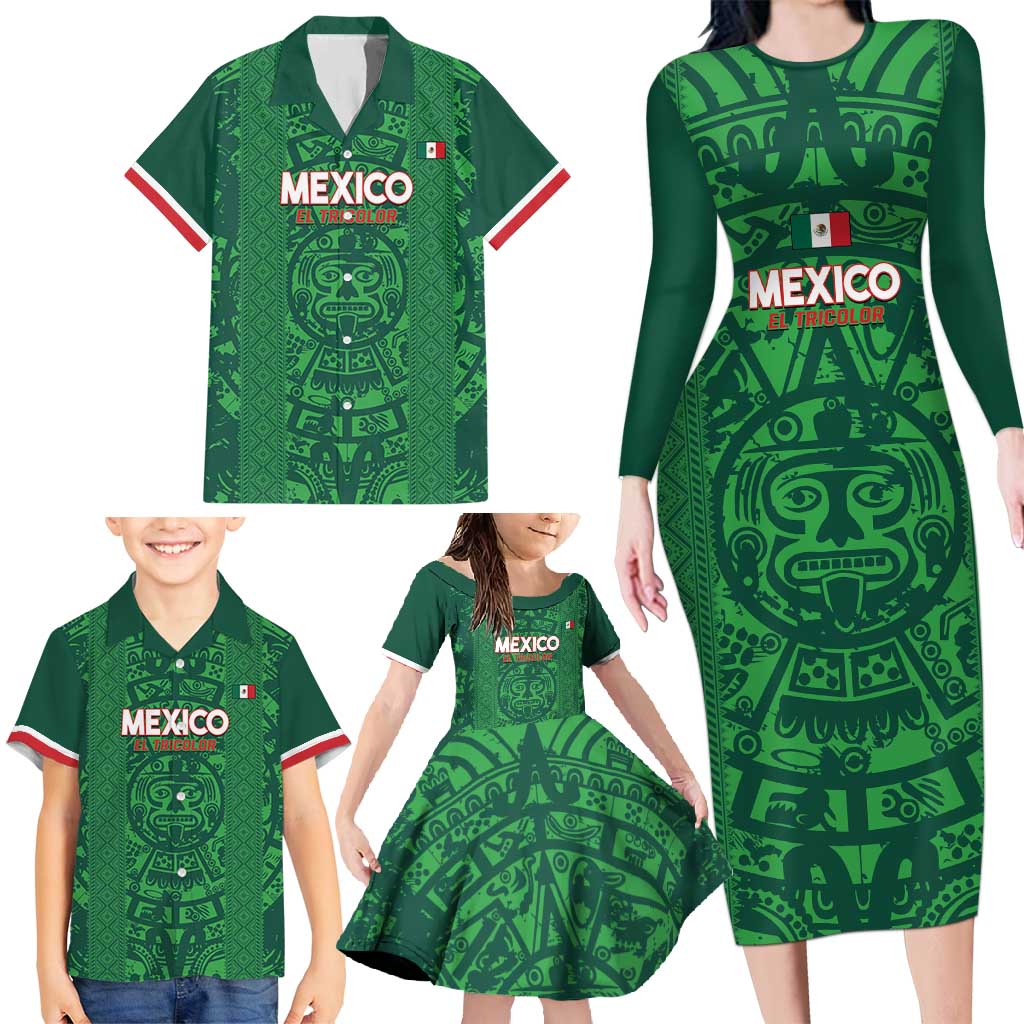 Custom Mexico Football Family Matching Long Sleeve Bodycon Dress and Hawaiian Shirt 2025 El Tri Champions Green Color - Wonder Print Shop