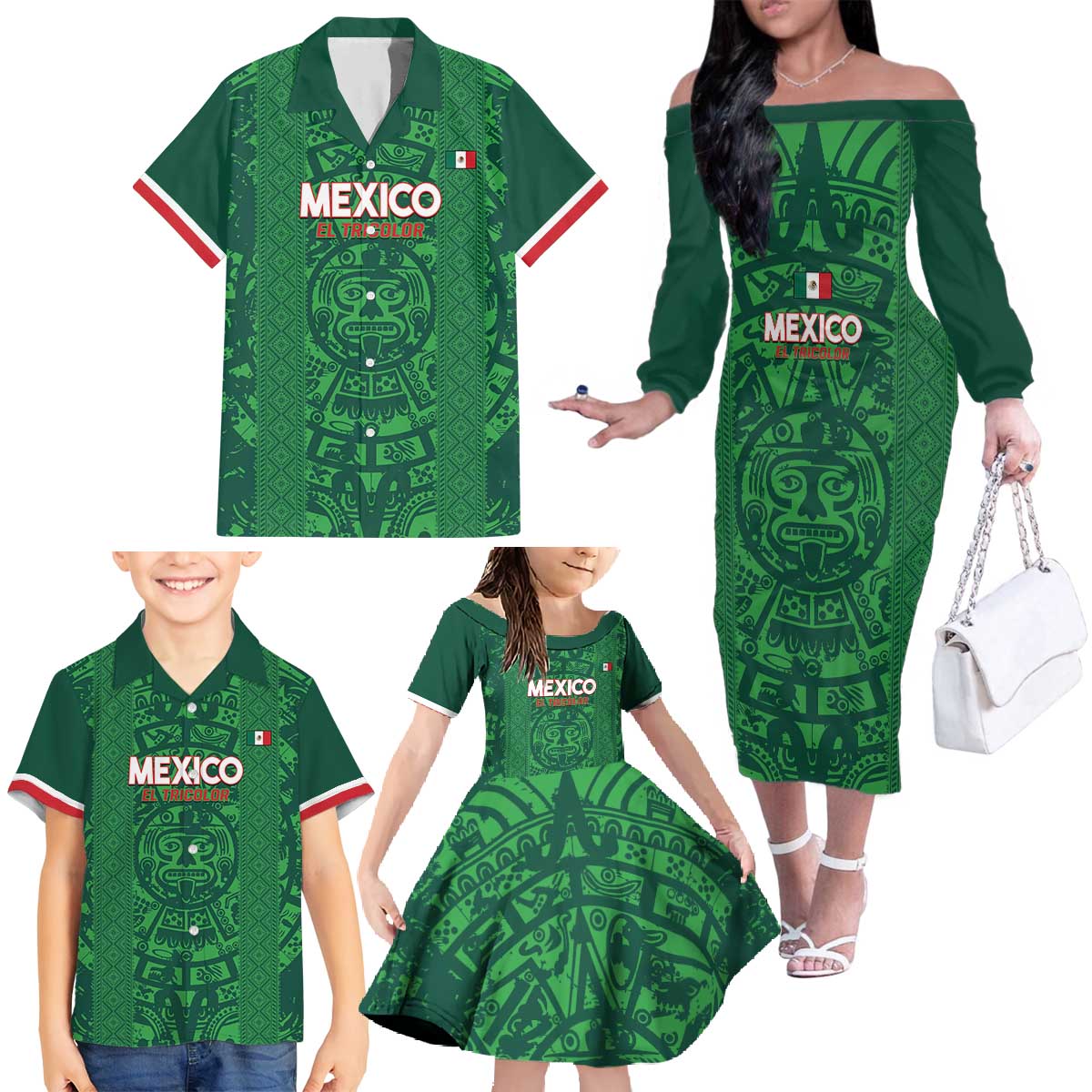 Custom Mexico Football Family Matching Off The Shoulder Long Sleeve Dress and Hawaiian Shirt 2025 El Tri Champions Green Color - Wonder Print Shop