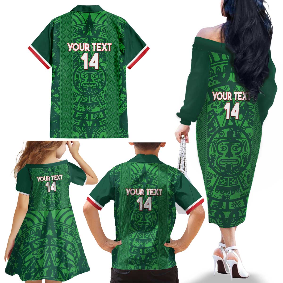 Custom Mexico Football Family Matching Off The Shoulder Long Sleeve Dress and Hawaiian Shirt 2025 El Tri Champions Green Color - Wonder Print Shop