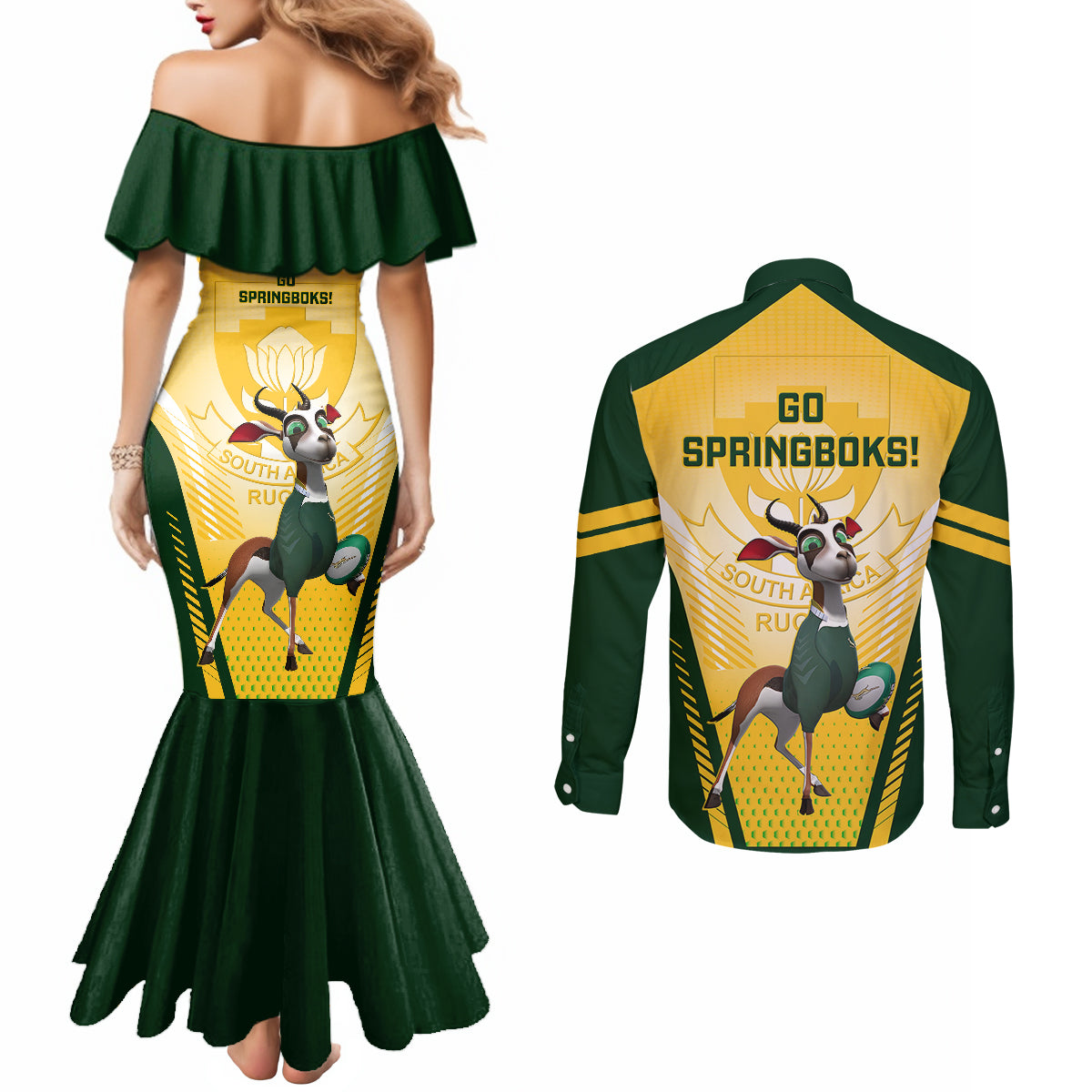 south-africa-rugby-couples-matching-mermaid-dress-and-long-sleeve-button-shirts-2023-world-cup-springboks-mascot