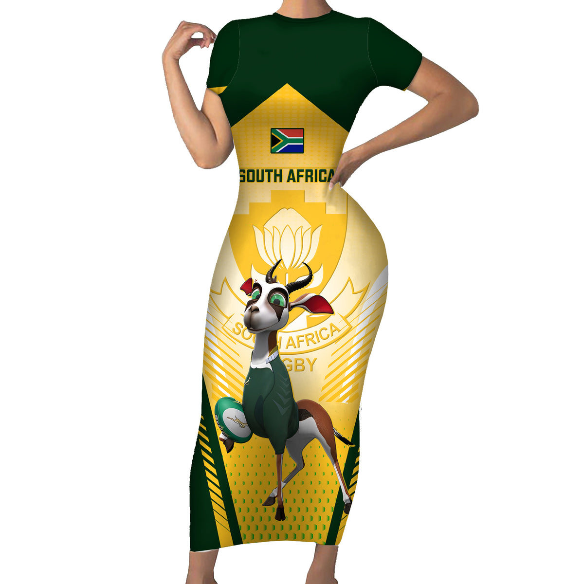 South Africa Rugby Short Sleeve Bodycon Dress 2023 World Cup Springboks Mascot - Wonder Print Shop