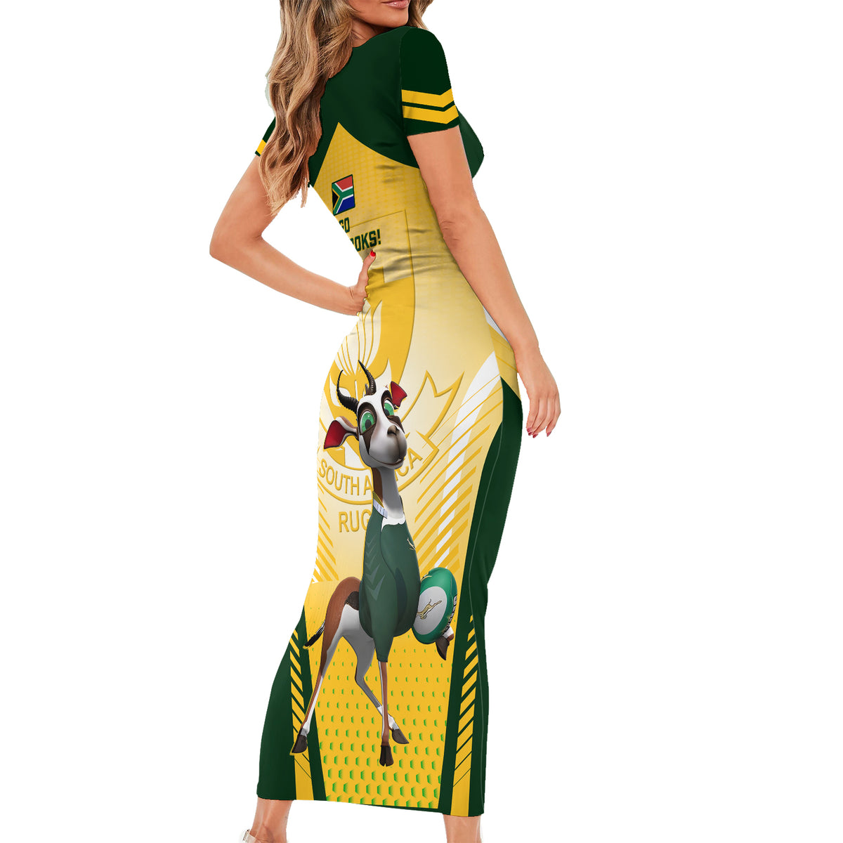 South Africa Rugby Short Sleeve Bodycon Dress 2023 World Cup Springboks Mascot - Wonder Print Shop