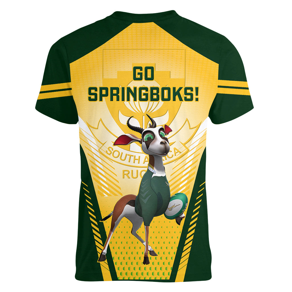 South Africa Rugby Women V Neck T Shirt 2023 World Cup Springboks Mascot - Wonder Print Shop