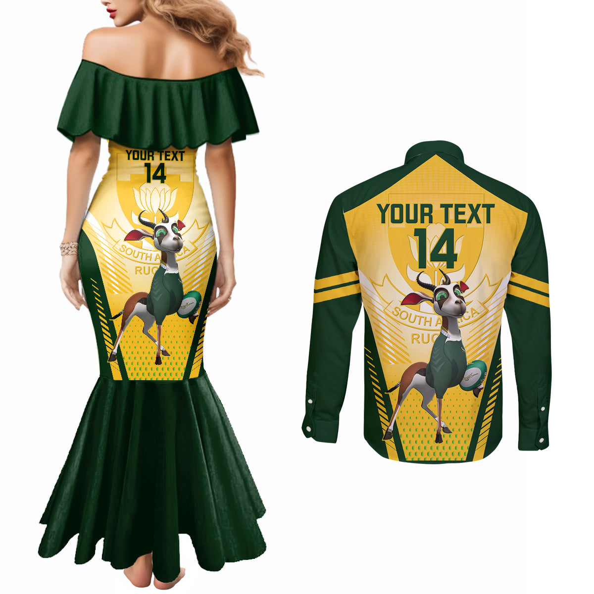 custom-south-africa-rugby-couples-matching-mermaid-dress-and-long-sleeve-button-shirts-2023-world-cup-springboks-mascot