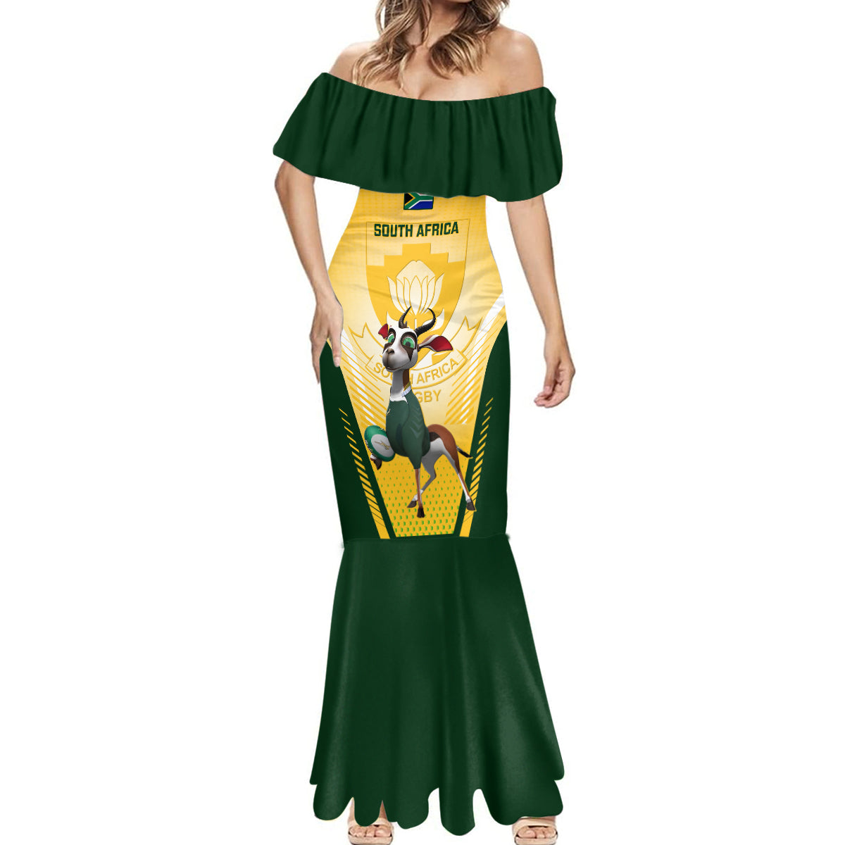 Custom South Africa Rugby Mermaid Dress 2023 World Cup Springboks Mascot - Wonder Print Shop