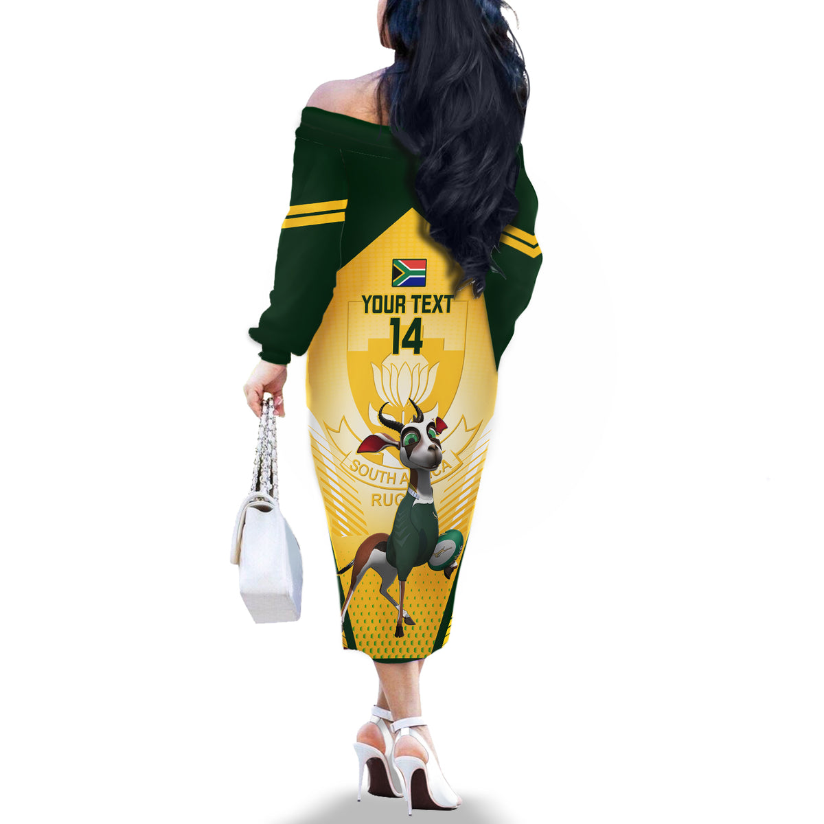 Custom South Africa Rugby Off The Shoulder Long Sleeve Dress 2023 World Cup Springboks Mascot - Wonder Print Shop