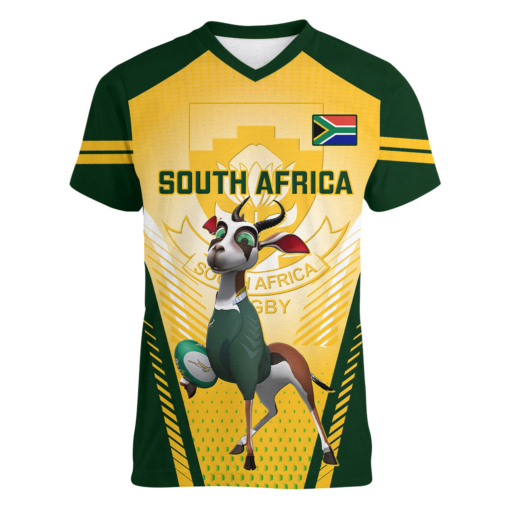 Custom South Africa Rugby Women V Neck T Shirt 2023 World Cup Springboks Mascot - Wonder Print Shop