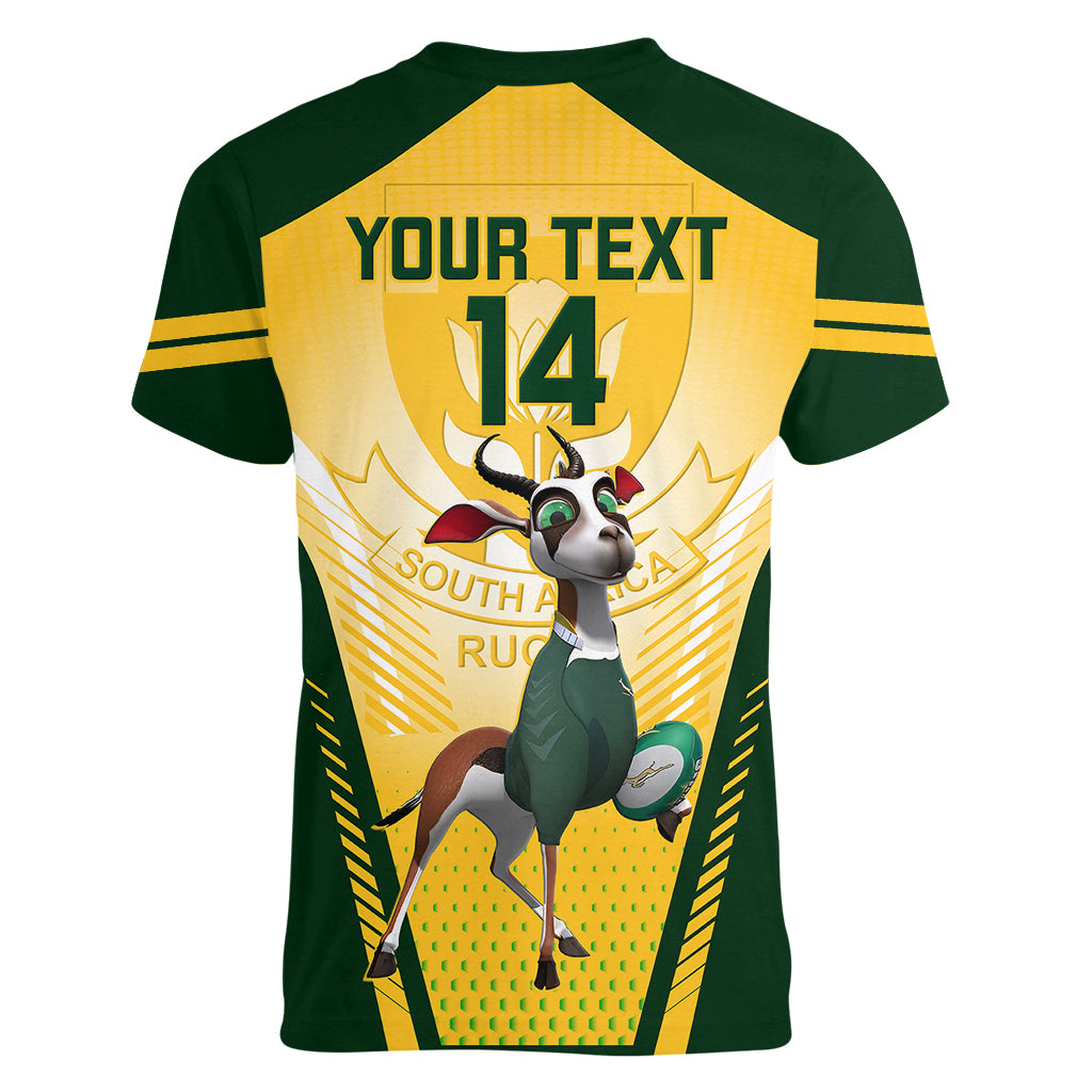 Custom South Africa Rugby Women V Neck T Shirt 2023 World Cup Springboks Mascot - Wonder Print Shop