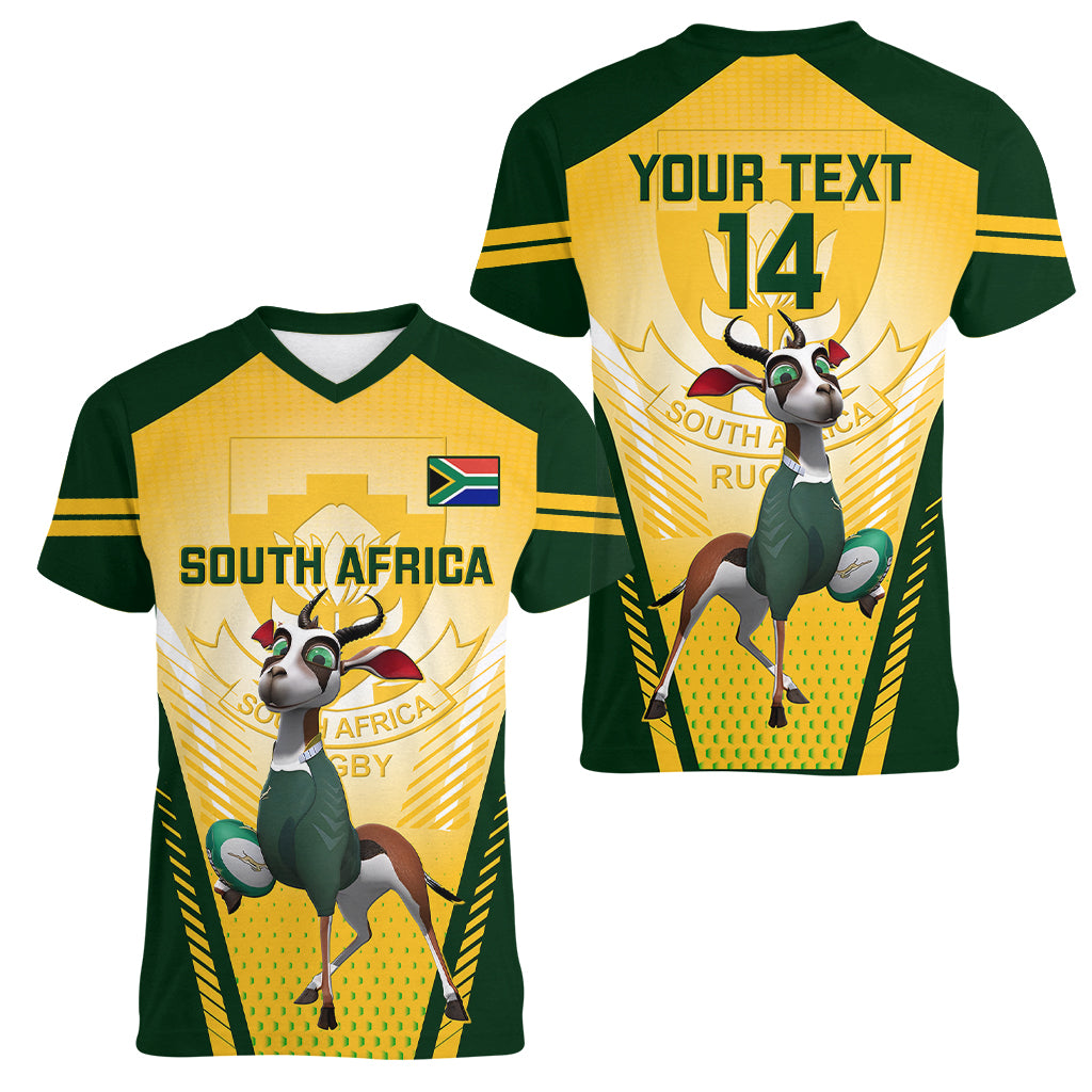 Custom South Africa Rugby Women V Neck T Shirt 2023 World Cup Springboks Mascot - Wonder Print Shop