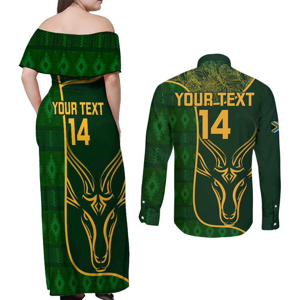 Custom South Africa Rugby Couples Matching Off Shoulder Maxi Dress and Long Sleeve Button Shirts 2023 Go Champions Springboks With Protea - Wonder Print Shop