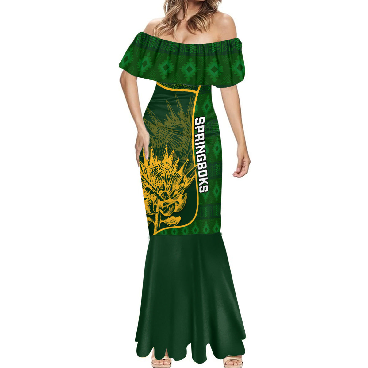 Custom South Africa Rugby Mermaid Dress 2023 Go Champions Springboks With Protea - Wonder Print Shop