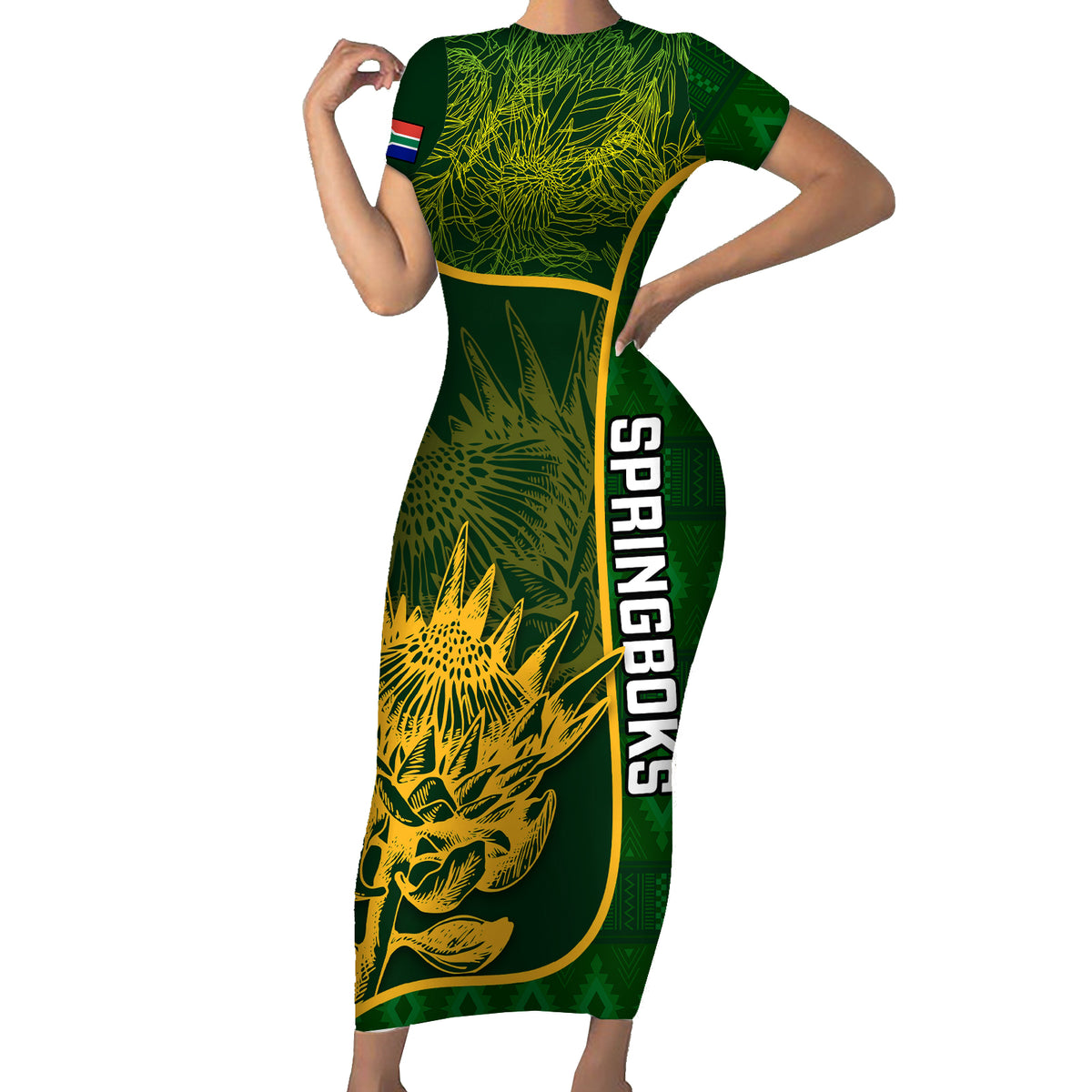 Custom South Africa Rugby Short Sleeve Bodycon Dress 2023 Go Champions Springboks With Protea - Wonder Print Shop