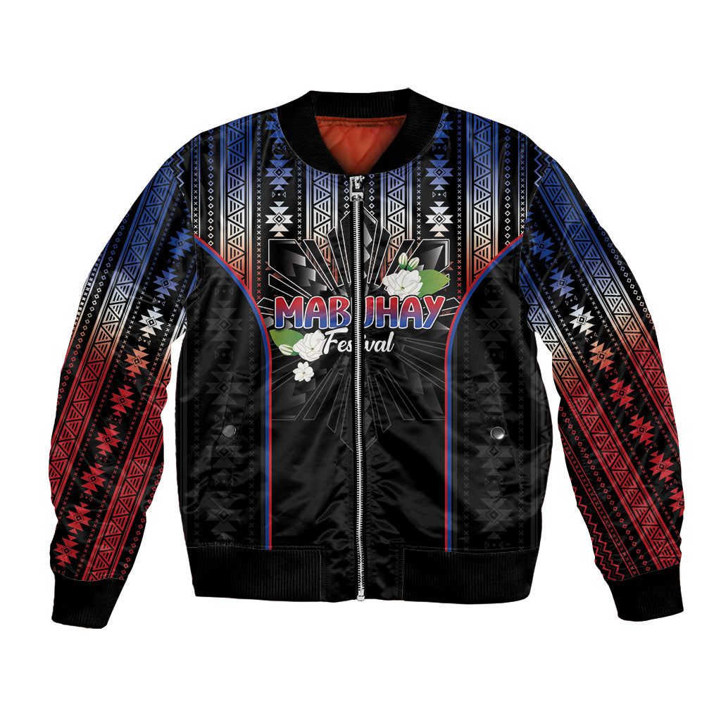 Mabuhay Philippines Festival Bomber Jacket Filipino Map Sampaguita Igorot Pattern