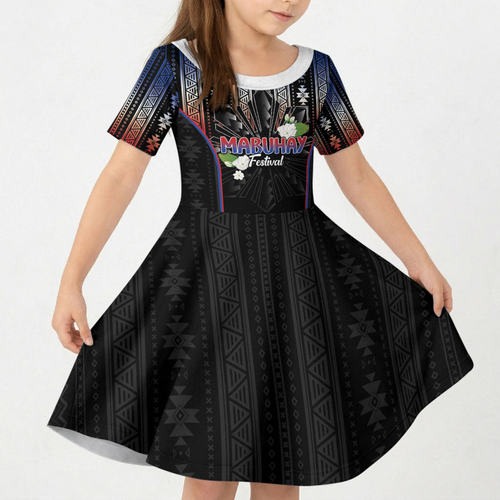Mabuhay Philippines Festival Kid Short Sleeve Dress Filipino Map Sampaguita Igorot Pattern