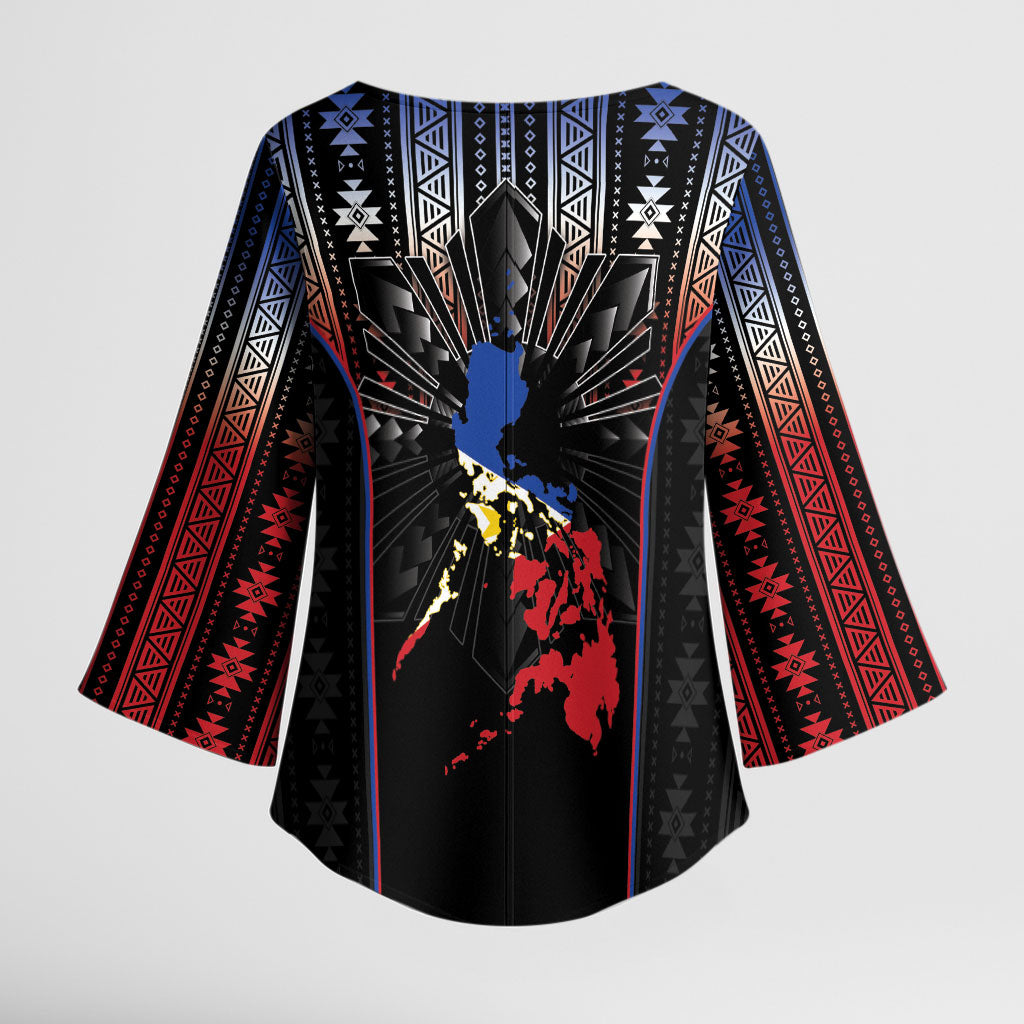 Mabuhay Philippines Festival Kimono Sleeve Blouse Filipino Map Sampaguita Igorot Pattern