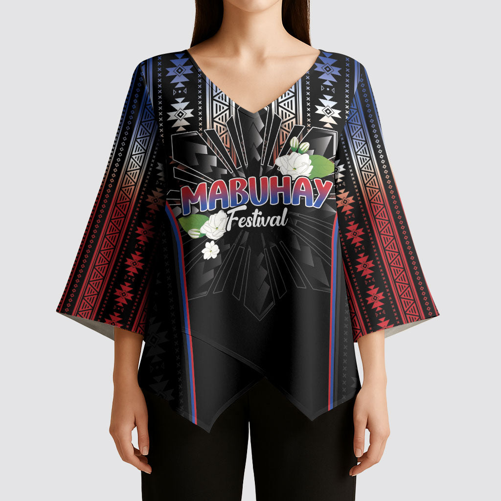 Mabuhay Philippines Festival Kimono Sleeve Blouse Filipino Map Sampaguita Igorot Pattern