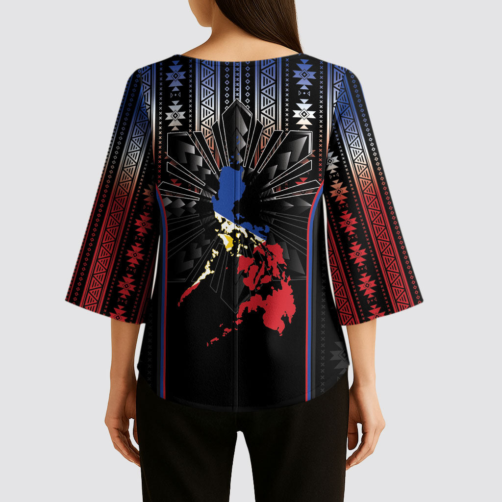 Mabuhay Philippines Festival Kimono Sleeve Blouse Filipino Map Sampaguita Igorot Pattern