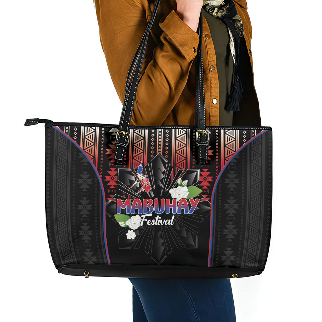 Mabuhay Philippines Festival Leather Tote Bag Filipino Map Sampaguita Igorot Pattern