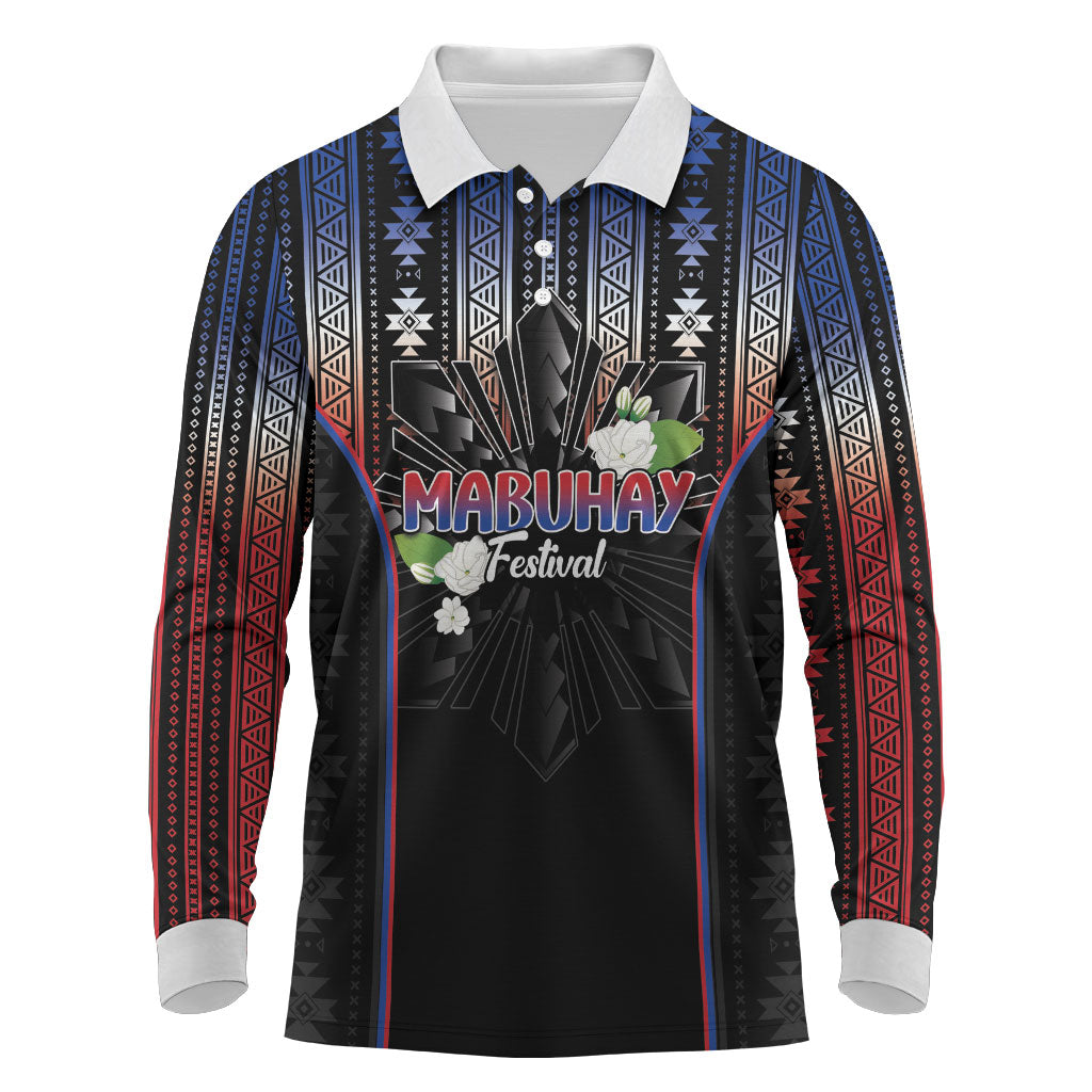 Mabuhay Philippines Festival Long Sleeve Polo Shirt Filipino Map Sampaguita Igorot Pattern